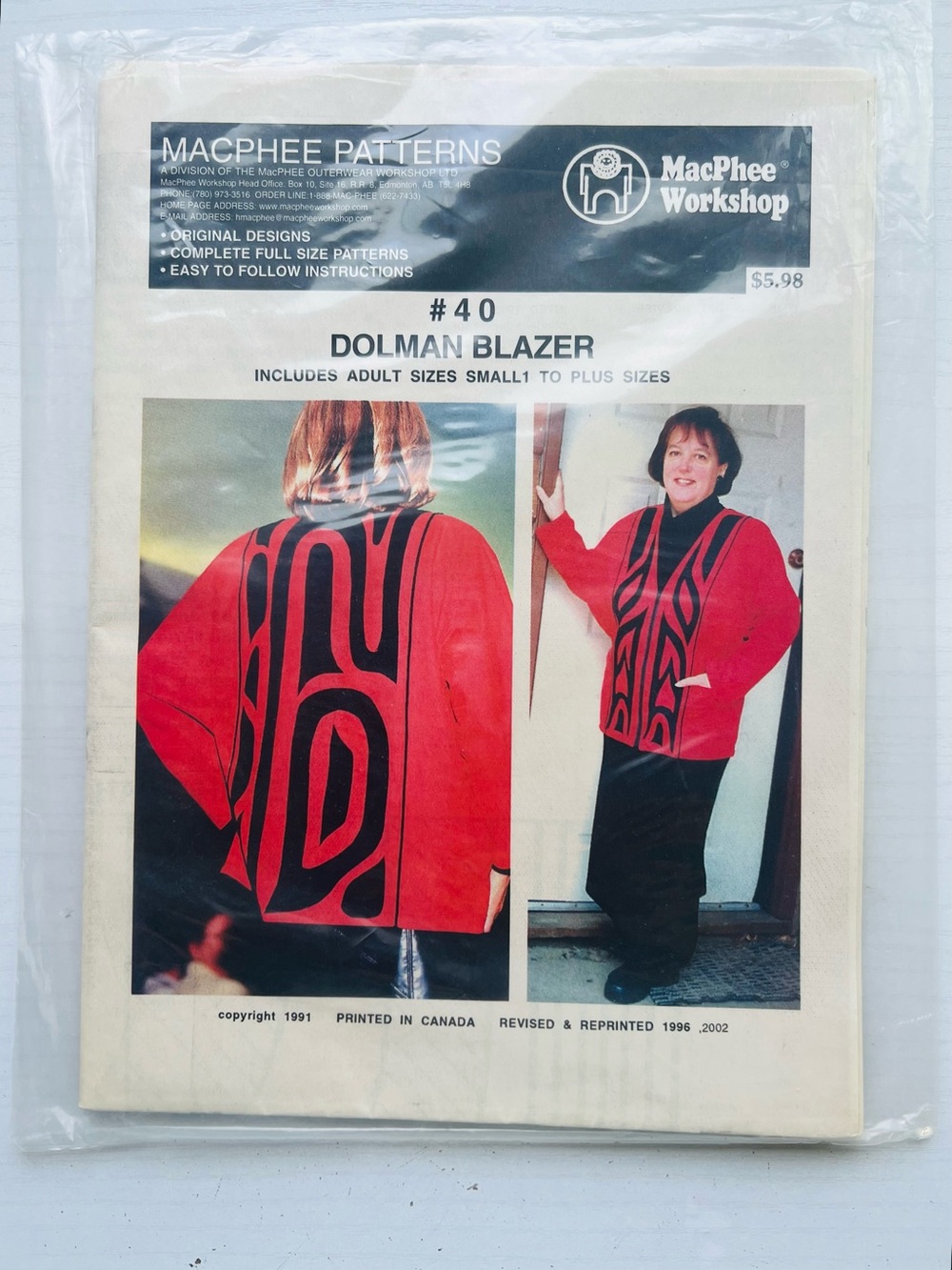 Vintage MacPhee Workshop #40 Dolman Blazer Sewing Pattern S Plus Size 1991